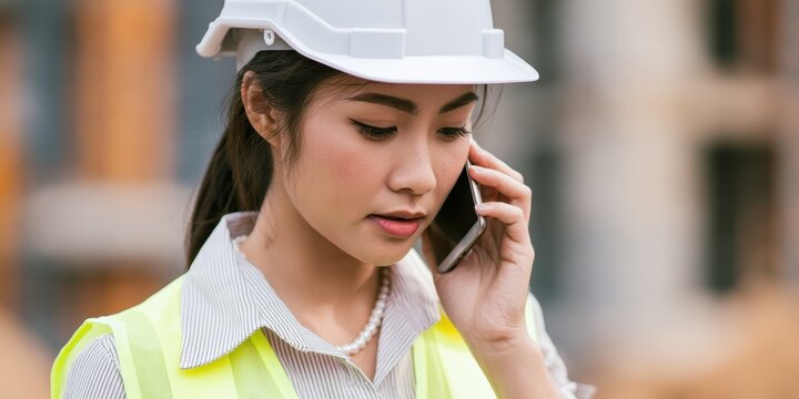 Asian female construction engineer wearing a white hard hat and yellow safety vest talking on a mobile phone at a construction site