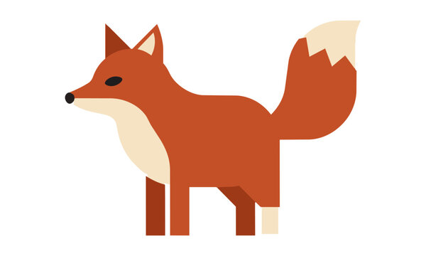 Minimalist silhouette of a standing fox in profile made of bold flat geometric color blocks isolated on a white background nature design concept