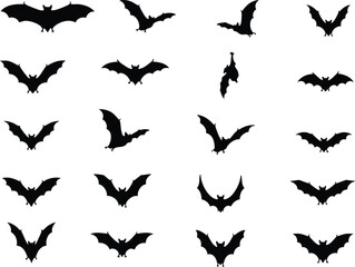 Fototapeta premium A collection of twenty black silhouettes of bats in various flying positions and shapes isolated on a plain white background for