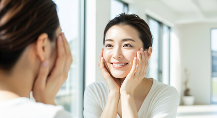 Obraz premium Young Asian woman touching her face while looking in a mirror, a concept for skincare, dermatology, and self-examination