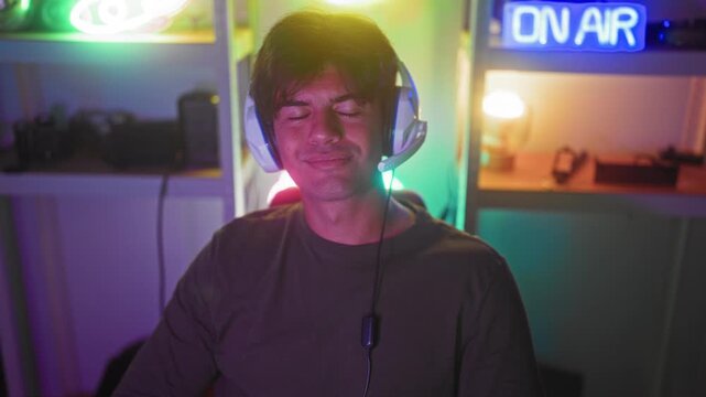 Man wearing gaming headset seated at computer smiling with eyes closed and slight head tilt in studio lit by neon on air sign; contentment focus.