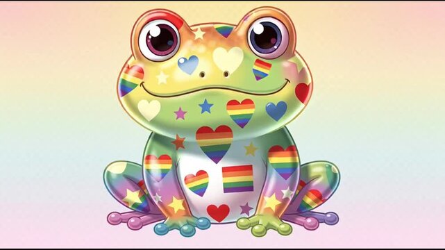 Colorful frog with rainbow patterns sitting.