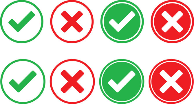 Checkmark and cross symbols in green and red circles flat icons on a white background