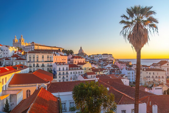 Elevated panoramic view of a historic Lisbon city hillside in Portugal