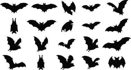 Twenty black bat silhouettes in various flying and hanging positions on a white background, for halloween themed projects © GFX