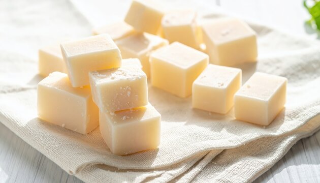 Creamy White Coconut Candy Cubes Stacked on Fabric