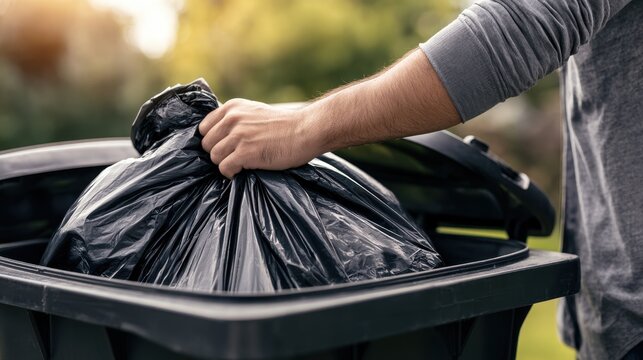 Closeup of a mans hand putting a black plastic garbage bag into an outdoor trash bin in the backyard