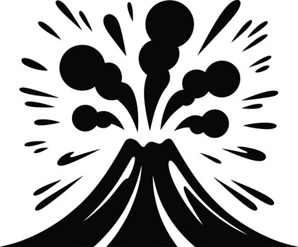 Stylized black and white illustration of erupting volcano with eruption explosion mountain illustration isolated geography disaster tectonic activity phenomenon geosciences environment
