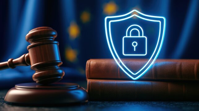 Gavel and law books with glowing neon shield and padlock icon representing data privacy laws, gdpr, and legal security