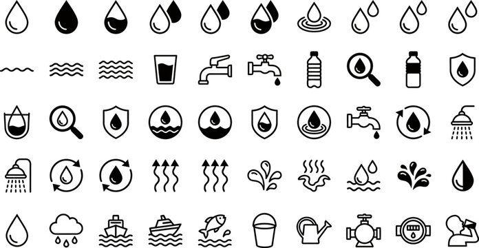 Water drops icon set. Editable vector pack of water line icons. A drop of water. Glass, magnifier, washing hands, shower. Vector illustration