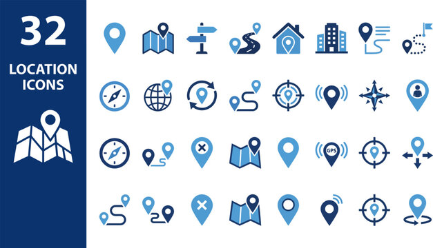 Location icon set. Containing map, map pin, gps, destination, directions, distance, place, navigation and address icons. Solid icons vector collection.