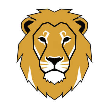 Symmetric minimalist lion head with bold geometric shapes in golden yellow, black, and white on a white background. Animal power concept