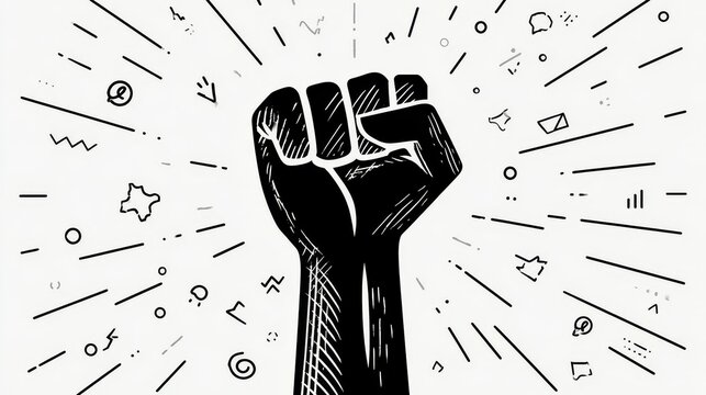 Minimalist vector of a raised fist, clean black strokes with strong contrast, surrounded by equality icons and abstract protest lines