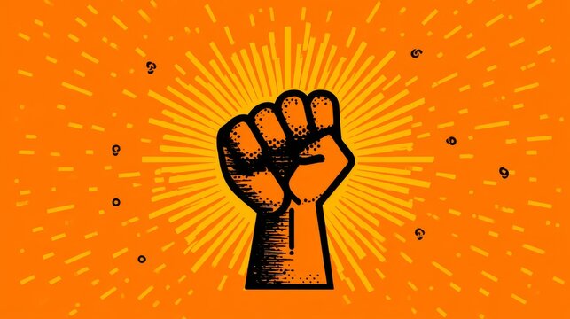 Stylized raised fist icon in modern flat-line style, radiating power with background elements like sunburst or broken chains