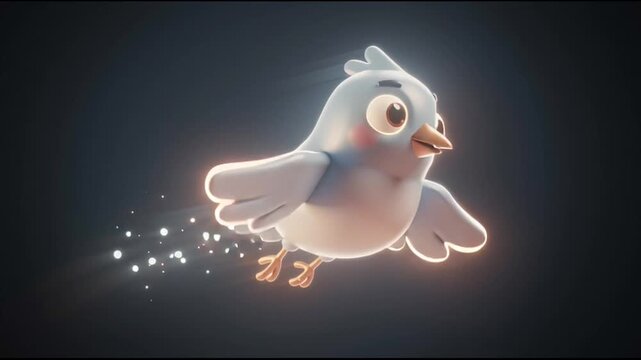 Glowing white cartoon bird flying free.