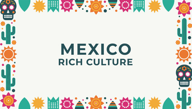 Colorful vector frame with Mexican culture elements like sugar skulls, cacti, and suns with central text space.