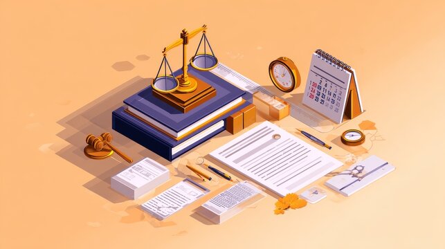 Isometric vector scene showing law office desk with libra scale on stacked books, gavel on side, calendar and contract icons around