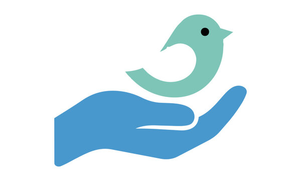 Stylized icon of a hand gently cradling a small bird representing wildlife conservation with simple graceful contours on a white background wildlife protection concept