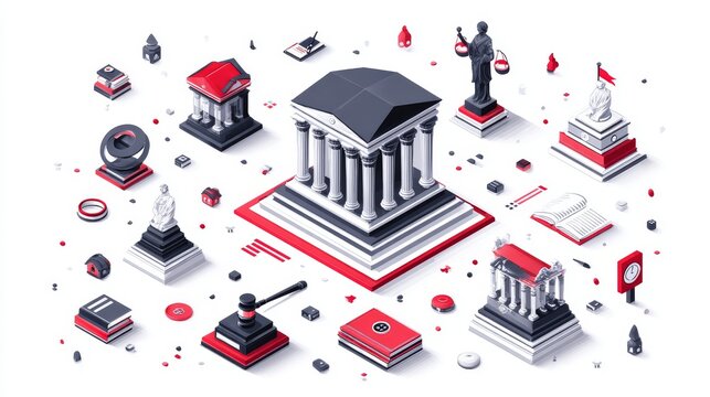 Iconic law advisory scene in isometric style, centered around legal elements with bright contrast and minimal shadows, on white background
