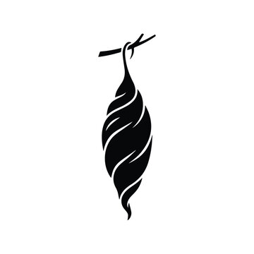 Black silhouette line art illustration of a butterfly pupa chrysalis hanging on a branch.