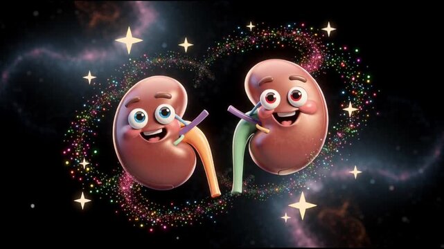 Kidney cartoon characters smiling brightly together.