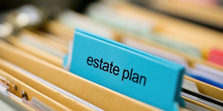 A blue file folder tab with the text estate plan visible in a drawer, symbolizing the preparation and organization of essential legal and financial documents