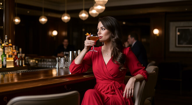 Elegant woman in a red dress sitting at a luxury bar counter and sipping a sophisticated cocktail in a moody atmosphere.
