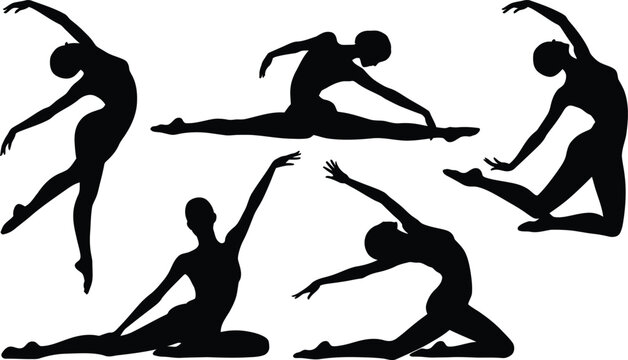 Set of black silhouettes of a female dancer in various artistic poses on white background with silhouette gymnastics movement flexible graceful performance contemporary training exercise