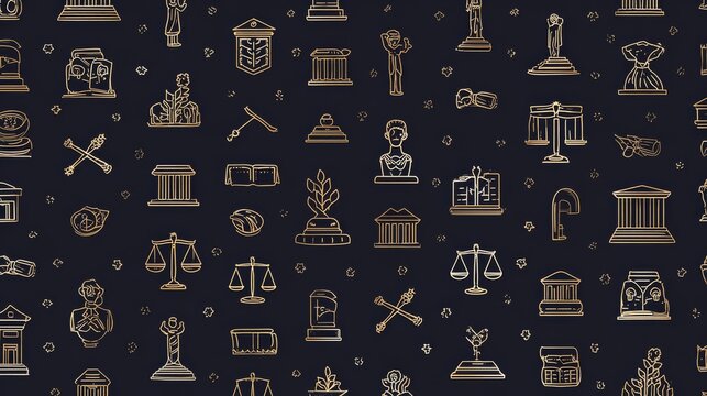 Elegant gold foil style icon pattern for legal industry, featuring minimalist line art icons of justice in repeated tile format