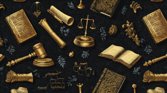 Decorative seamless vector pattern in metallic gold, showcasing law and court elements like gavels, books, and legal scrolls