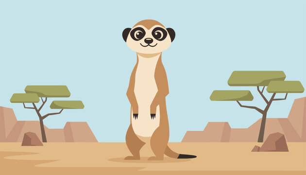 Alert meerkat stands upright on its hind legs in its natural savanna habitat surrounded by desert trees.