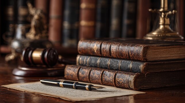 Classic legal office interior with gavel placed next to a stack of old leather-bound law books, fountain pen and contract visible on table