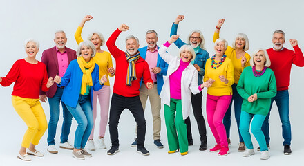 Obraz premium Large group of happy senior friends dancing in colorful bright clothes