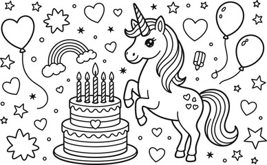 Cute unicorn birthday cake coloring page for kids with birthday coloring celebration balloons illustration printable activity childhood mythical creature decoration happiness monochrome © MstAsmaAkter