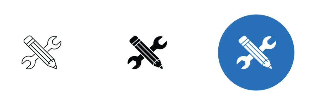 Tool Icons featuring pencil and wrench symbols for settings, editing, maintenance, repair, customization, construction, engineering, creative projects, and vector illustration.