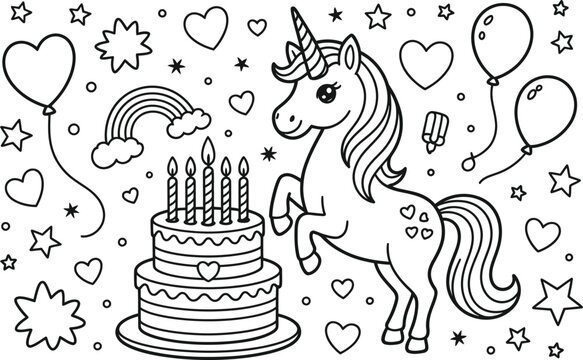 Cute unicorn birthday cake coloring page for kids with birthday coloring celebration balloons illustration printable activity childhood mythical creature decoration happiness monochrome