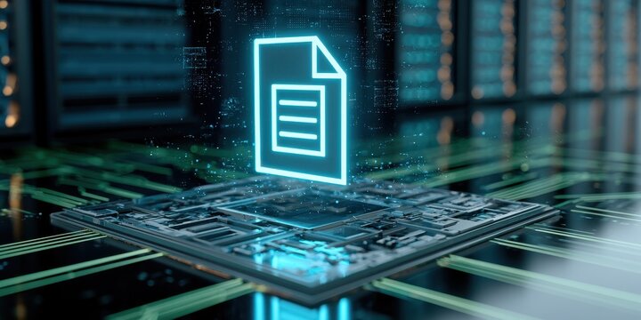 Digital document icon floating above a computer processor chip in a server room