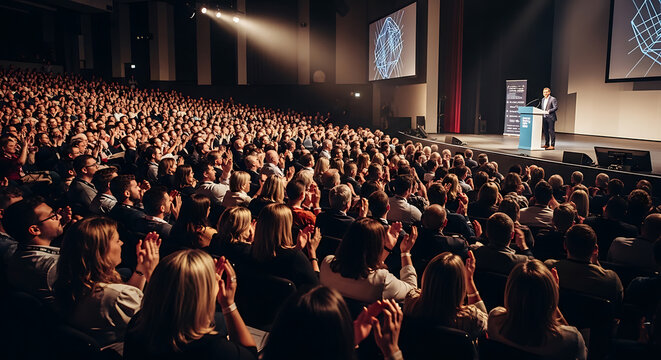 Large audience clapping hands for speaker at tech conference