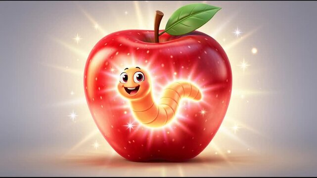 Smiling worm inside red apple.