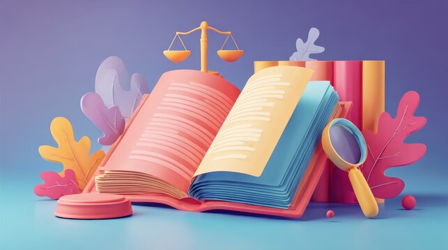 Flat vector design with 3D effect showing open legal book with bookmark, magnifying glass, and floating fairness icons around