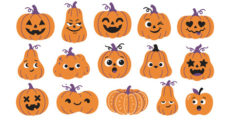 Obraz premium Collection of diverse expressive cartoon pumpkins with various funny and spooky faces on transparent background