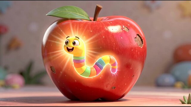 Worm in red apple cartoon character.