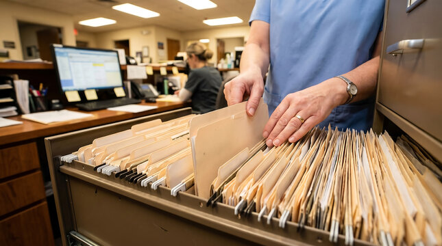 Close up of a healthcare worker in blue scrubs searching through manila folders in a filing cabinet drawer at a clinic reception desk with a coworker in the background