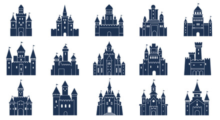 Medieval castle icons featuring diverse towers and battlements © doung