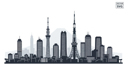 Fototapeta premium Tokyo city skyline panorama with landmarks and mount fuji silhouette
