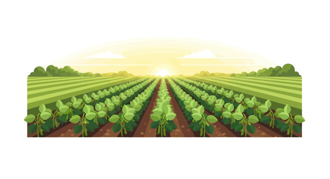Soybean plantation rows in a rural landscape under the sunrise