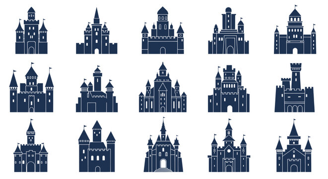 Medieval castle icons featuring diverse towers and battlements