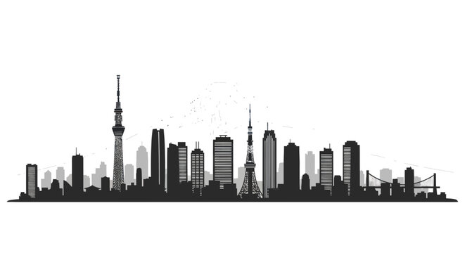 Tokyo city skyline silhouette with landmarks and mountain backdrop