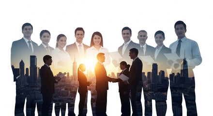 Obraz premium Double exposure of a business group silhouette and a cityscape, representing corporate presence in an urban environment