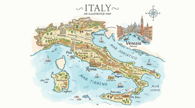 Illustrated Italy map, vintage travel poster vector